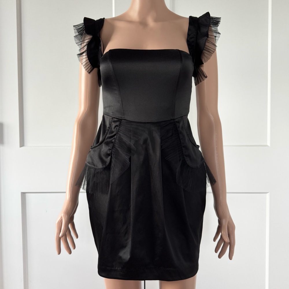 Paprika Black Satin Mesh Ruffles Straps Fitted Sleeveless Mini Dress UK6 US 0 00
